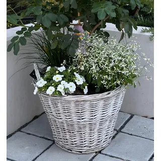Dekoleidenschaft Rattan Pflanzkorb Rustikal rund, groß, grau, Outdoor Blumentopf, Pflanzkübel, Pflanztopf für Draußen, Blumenkübel, Blumenkasten, Pflanzkasten (Ø 40x30 cm)
