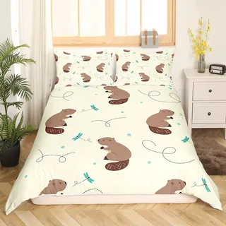 Cartoon Biber Bettwäsche 135x200 für Kinder,Nette Kanadische Wildtier Bettwäsche Set,Schöne Libelle Druck Bettbezug Kawaii Zimmer Dekor für Teens Jungen Mädchen,Beige Bett Set für Die Ganze Saison