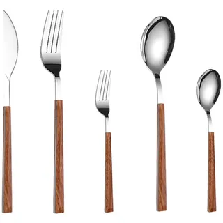 Besteck-Set, 5-teilig, Besteckset aus Edelstahl, verschiedene Bestecke, Geschirr mit Holzgriff, inkl. Messer, Gabel, Kaffeelöffel (Silber, B)