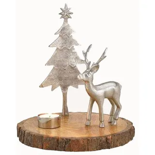 Deko Hirsch, Baum u. Teelichthalter aus Metall auf Mangoholzstamm,23x25x23 cm