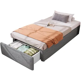 SOFTWEARY Futonbett mit Bettkasten, Lattenrost und Schubladen, Einzelbett ohne Kopfteil, Bezug aus Leinen, Jugendbett (grau, 90x200 cm)