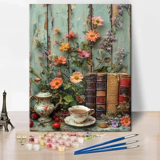 TISHIRON Malen nach Zahlen für Erwachsene - Stillleben mit Büchern, Tee & Blumen, 40x50 cm DIY Ölgemälde mit Pinseln & Farben, Entspannendes Kunstprojekt für Zuhause (Rahmenlos)