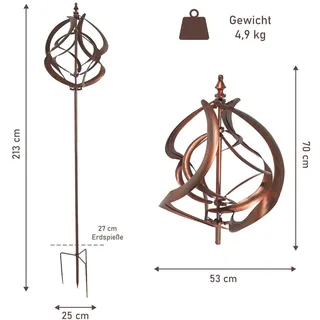 Großes Windspiel aus Metall mit 2 gegenläufigen Rotoren, kupferoptik, Gartendeko, 213 cm hoch
