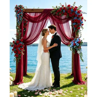 ugaxhome 2 Stück 75x600cm Hochzeitsbogen Traubogen Vorhang Voile Gardinen Vorhänge Chiffon-Stoff Transparente Tüll Hochzeits Hintergrund Vorhang Querbehang Freihanddeko für Laube Zeremonie(Burgund)