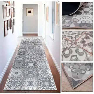 Tadi & Imperio1979 Vinyl-Teppich mit Vintage-Blumenmuster, in Altgrau und Weiß, für Küche, Waschküche, Flur, WC, Schlafzimmer mit Rutschfester PVC-Rückseite, 60 x 40 cm