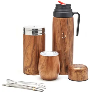 BALIBETOV Komplettes Yerba Mate Set – Moderner Mate Gourd, Thermos, Yerba Behälter, zwei Bombillas und Reinigungsbürste im Lieferumfang enthalten – Alle Premium Qualität 304 18/8 Edelstahl (Holz)