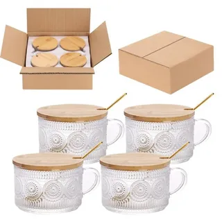 Set Aus 4 Vintage-glasbechern (450 Ml), Löffeln Und Bambusdeckeln, Für Tee, Latte, Cappuccino, Müsli