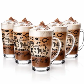 Sendez 6 Latte Macchiato Gläser 300 ml mit Henkel – Kaffeegläser Set mit Kaffee Aufdruck – Teegläser aus Pressglas für Latte Macchiato, Cappuccino, Milchkaffee, Tee & Eiskaffee