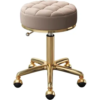 WBRSybUK Hocker Für Das Homeoffice, Rund, Rollbar, Kosmetikhocker Auf Rollen, Verstellbarer, Drehbarer Massagestuhl Für Zeichen- Und Spa-Salon Mit Sitz Aus PU-Leder Und Goldenem Edelstahlrahmen,Brown