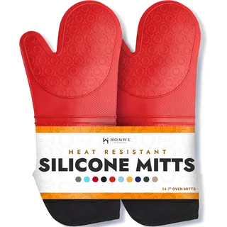 HOMWE Extra Langer professioneller Silikon-Ofenhandschuh, Ofenhandschuhe mit gestepptem Innenfutter, hitzebeständige Topflappen, Flexible Ofenhandschuhe, rot, 1 Paar, 37,3 cm