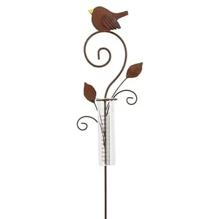 Super Idee Dekorative Regenmesser Vogel mit Erdspieß aus Metall 108 cm Regenmengenmesser Frostsicher Gartenstecker Gartendeko Edelrost Regenmesser Glas für Hof Rasenweg Durchgang Terrasse Garten