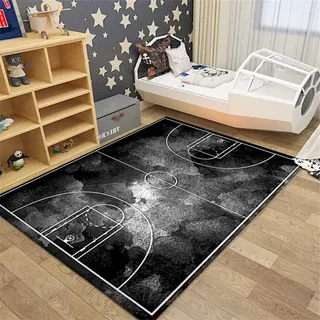 HNHDDZ Teppich Schwarz Grau Jugendzimmer Jungen Kinder 3D Fußball Basketball Teppich Quadratisch Antirutsch Waschbar Wohnzimmer Schlafzimmer Esszimmer Bad Küche (Stil 1, 80x160 cm)