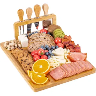 LATERN Bambus Käsebrett Set, 35CM x 27CM Holz Wurstplatte Käseplatte Cheese Charcuterie Board mit 4 Käsemessern, Ideales Geschenkset für Weihnachten Hochzeiten Einweihungsparty Thanksgiving Party