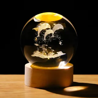 Kristall-3D-Delfine, 6 cm, Kugelfigur, Geschenke für Frauen, Glas-Tierkunst für Zimmer mit Holz-Lichtsockel, Andenken für Delfin-Liebhaber, Heimdekoration, Briefbeschwerer