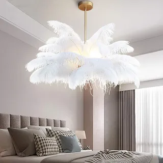 Große Nordic Sputnik Kronleuchter Kreativ Deckenleuchte Mit Strauß Feder Lampenschirm Für Schlafzimmer Wohnzimmer,Feder Während Des Lichts-Weiße Federn 75 * 59cm