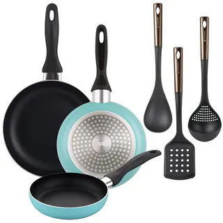 BERGNER - Set aus 3 Pfannen Ø16/20/24cm aus gepresstem Aluminium in matt-blau mit Set 3 Küchenutensilien aus schwarzem PBT und Kupfer