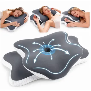 SURFOU Nackenstützkissen Orthopädisches Kissen, Ergonomisches Kopf-Kissen Seitenschläferkissen, Füllung: Memory-Foam, Kissen für Seitenschläfer, Rückenschläfer, Bauchschläfer, Kopfkissen orthopädisch, Schlafkissen, Memory foam kissen, Ergonomisches kopfkissen, Ergonomisches Seitenschläferkissen mit zwei Höhen - 65 x 40 x 14/9 cm, Abnehmbarer, maschinenwaschbarer Bezug, Eisseidenstoff, Atmungsaktiv und Weich grau