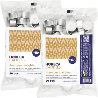 Horeca Candles - Teelichter 8 Stunden Brenndauer - Weiß - 100 Stück - Im Beutel - Aluhülle - Kerzen zum Feiern, Deko, Hochzeit, Gastro, Party - Ohne Duft - Premium Qualitä