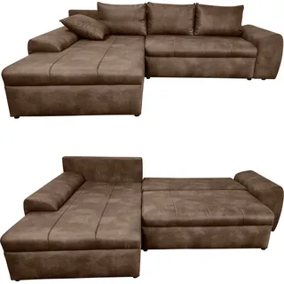 Ecksofa Vintage Schlafsofa Eckcouch L-Sofa mit Ottomane und Bettkasten in Braun / 18014 - Braun