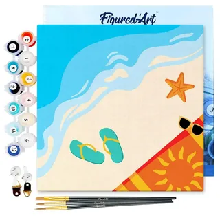 Figured'Art Mini Malen Nach Zahlen Erwachsene Mit Rahmen 20x20cm Kleines Format - Zum Strand - Paint by Numbers Basteln DIY Bastelset Leinwand gespannt auf Holzrahmen