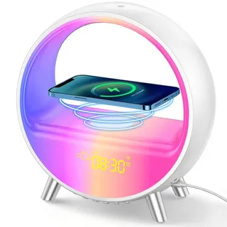 Bammare LED Nachttischlampe mit Wecker, WiFi Smart Tischlampe Klangmaschine, Lausprecherkompatibel Alexa/ Google Assistant, 12/24 Kalender, App-Steuerung, Geschenk für Weihnachten, Party, Weiß-1
