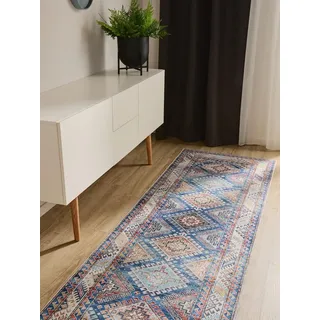 benuta Basic Waschbarer Teppich George - Blau 80x240 cm - Kunstfaser - Läufer & im Style: Vintage, Elegant, Retro - Pflegeleicht für Wohnzimmer Schlafzimmer Flur