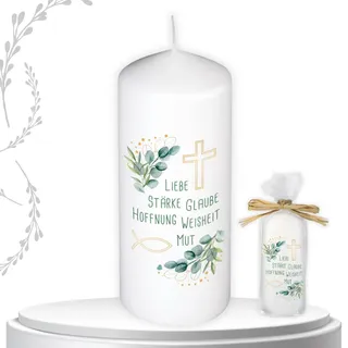 Kommunionkerze Kerze Geschenk Pate Jungen Mädchen Stumpenkerze Eukalyptus Deko
