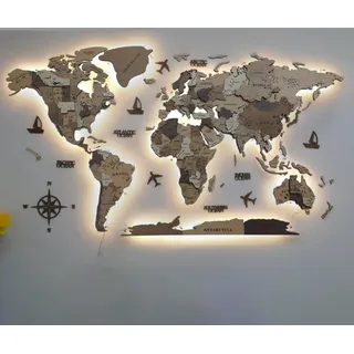 3D LED Holz Weltkarte Wandkunst Extra Groß Beleuchtet Acryl Wandbild Moderne Reise Dekor Beleuchtete Wanddekoration für Zuhause und Büro