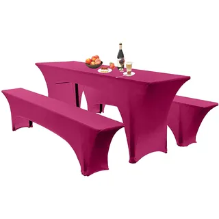 Elastische Hussen Für Bierzeltgarnitur Biertischhussen Bierbank-Auflage & Tischdecke 50 cm Oder 70 cm Tischbreite, 3 TLG Set Stretch Hussen Für Festzeltgarnituren Bierbank (50cm,Rose Red)