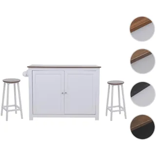 Kücheninsel HWC-P61 mit 2 Sitzhockern, Küchenschrank Staufächer MDF 90x120x45cm ~ weiß, dunkles Holz