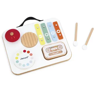 Janod – Musik-Tisch aus Holz für Babys und Kinder mit 5 Aktivitäten + 1 mit Murmeln gefüllter Kassette + 2 Schlägeln – Musikinstrument für Kinder – Imitationsspielzeug und Spielzeug – Ab 12 Monaten