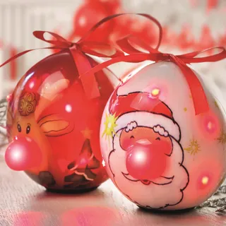 2er Set Weihnachtsbaum Kugeln mit blinkendem LED Licht Weihnachtsmann und Rentier Red Node Rudolph und rotem Aufhängeband mit 80 mm Durchmesser Christbaum X-Mas Weihnacht