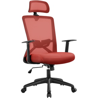 Yaheetech Bürostuhl, ergonomischer Schreibtischstuhl mit Wippfunktion, höhenverstellbarer Drehstuhl mit Kopfstütze und Lordosenstütze, Rot