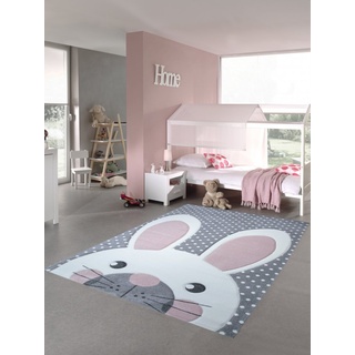 Kinderteppich Spielteppich Teppich Kinderzimmer Babyteppich Hase in Creme Grau rosa Größe 140x200 cm