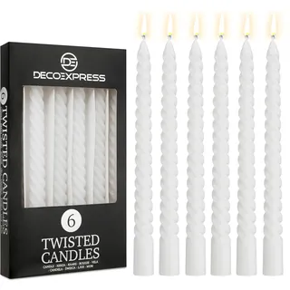 DECO EXPRESS Stabkerzen Set, 6er Packung, Tropffreie Gedrehte Bunte Kerzen, 6 Stunden Brenndauer Unparfümiert, Schlafzimmer Deko Geschenke für Valentinstag und Muttertag (Weiß, 6er-Pack)