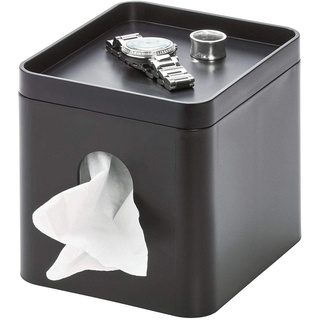 iDesign Kosmetiktücherbox, kleine Aufbewahrungsbox für Papiertücher aus Kunststoff, Taschentuchbox mit Ablage für Schmuck und Schminke, schwarz, 15,5 cm x 13,1 cm x 13,7 cm