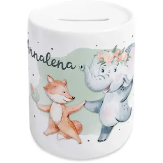 GRAZDesign Spardose mit Namen Kinder, Personalisiertes Baby-Geschenk zur Geburt, Taufe, Weihnachten Elefant mit Fuchs