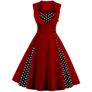 AXOE Damen Rockabilly Kleid Vintage Cocktailkleid Weinrot, Gr.48, 4XL - 4XL