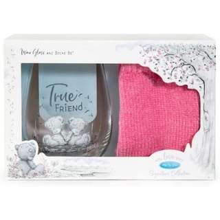 Me to You Tatty Teddy True Friend Geschenkset aus Glas und Socken, offizielle Kollektion, blau, grau, rosa, 2-teiliges Set