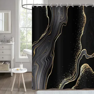Hnmdmyi Duschvorhang Marmor 180x200, Schwarz und Gold Glitzer Duschvorhänge Abstrakt Modern Luxus Kunst Badewanne Vorhang Wasserdicht Polyester Stoff Waschbar Badevorhang für Badezimmer mit Haken