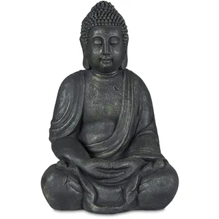 Relaxdays Buddha Figur sitzend, XL 70 cm, Gartenfigur, Vintage Dekofigur Wohnzimmer, wetterfest, frostsicher, anthrazit