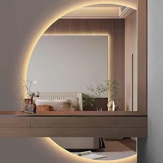 Spiegel Halbrund, 3-Farbig Einstellbare Led Wandspiegel Groß, Intelligent Entnebeln Runder Spiegel Mit Beleuchtung, Splitterfest Schminkspiegel Für Schlafzimmer Flur Badspiegel (L, L110 x W77cm)