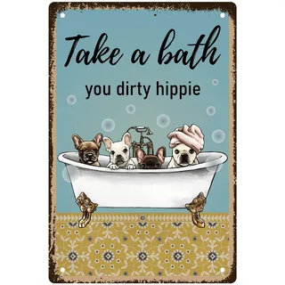 CREATCABIN Take A Bath You Dirty Hippie-Blechschild,Hunde,Metallschilder,Vintage-Plaketten,Retro-Poster,Dekor,Galerie,Wandkunstdruck,Hängendes Gemälde Zitaten Für Zuhause,Badezimmer,Geschenke 8x12Zoll