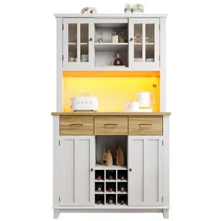 Flieks Küchenbuffet (mit Arbeitsplatte und verstellbaren Ablagen, 1-St., 106x40x179,5 cm) Hochschrank mit LED Küchenschrank Bücherschrank Buffetschrank weiß weiß