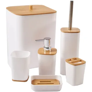 JETAINE 6-teiliges Bambus-Badezimmer-Zubehör-Set, luxuriöses modernes Accessoire, WC-Zubehör mit Mülleimer, Zahnbürstenhalter, Tasse, Seifenschale und Seifenspender
