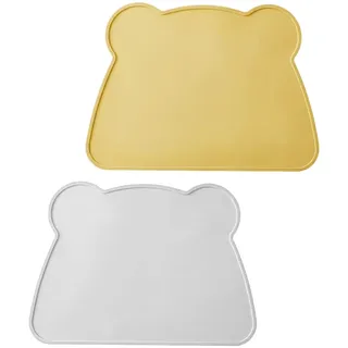 Aililong Kinder Platzset Bär, Silikonmatte mit Rand, Esstisch Unterlage - rutschfest, leicht zu reinigen, vielseitig einsetzbar (Beige Silbergrau)