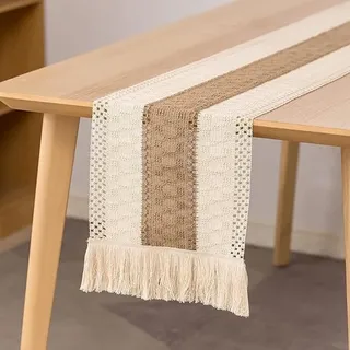 Makramee-tischläufer, 180 Cm Langer Tischläufer Aus Natürlicher Baumwolle Und Leinen, Tischdekoration Mit Bohème-häkelspitze Und Pompons