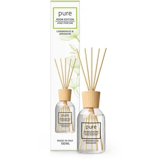 PURE ROOM EDITION 100ml Zitronengras & Geranie Raumduft | natürliche Inhaltsstoffe, vegan & tierversuchsfrei, Bio-Alkohol, Diffuser mit Stäbchen hergestellt in Italien