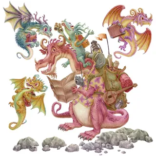 WANDAUFKLEBER 80x107cm - Drachen-Märchenfamilie