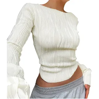 DeaAmyGline Y2k Crop Tops Damen Langarm - Basic Langarmshirt Sexy T Shirt Slim Fit Busenfrei Oberteile Rundhals Cropped Pullover Stricken Top Bluse T-Shirts für Frauen Teenager Mädchen Streetwear